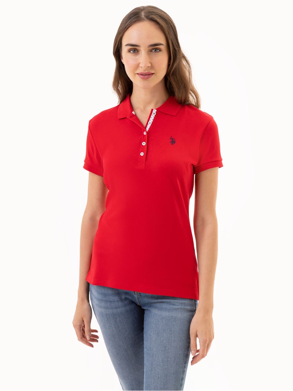 Women's US Polo Assn Red Solid Interlock Short Sleeve Polo Shirt